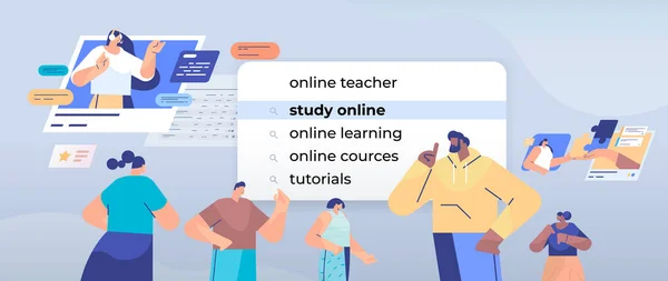 Misturar raça pessoas escolhendo estudo on-line na barra de pesquisa na tela virtual conceito de rede de internet — Vetor de Stock