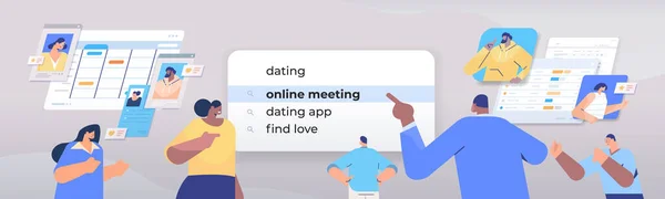 Mix race persone che scelgono incontri nella barra di ricerca sullo schermo virtuale incontro online trovare amore concetto di rete internet — Vettoriale Stock