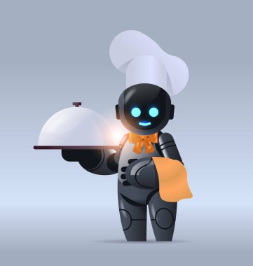 Şapkalı siyah robot şef, mutfakta yapay zekayla modern robot karakter pişirme servisi yapıyor.