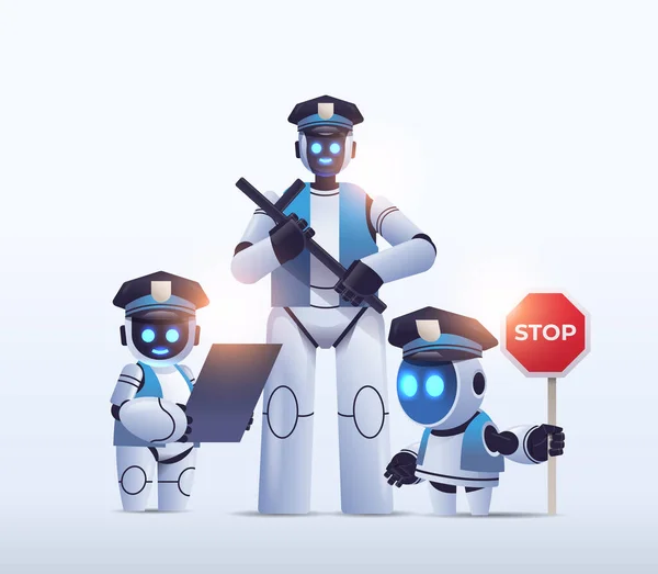 警察机器人巡警制服站在一起人工智能技术的概念 — 图库矢量图片