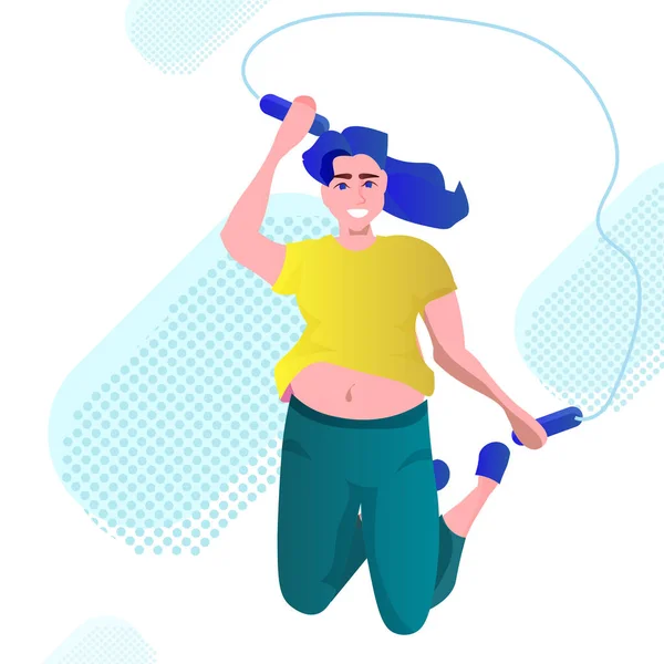 Mujer obesa gorda haciendo ejercicios con saltar la cuerda concepto de pérdida de peso de entrenamiento de niña con sobrepeso — Archivo Imágenes Vectoriales