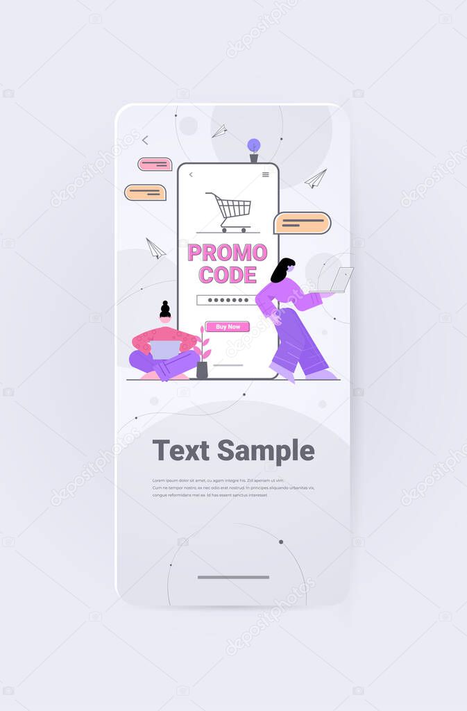 customers using discount promo code on smartphone screen online shopping concept vertical