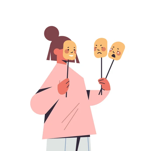 Mujer sosteniendo máscaras con diferentes emociones sentimiento falso trastorno mental cambio de personalidad natural — Archivo Imágenes Vectoriales