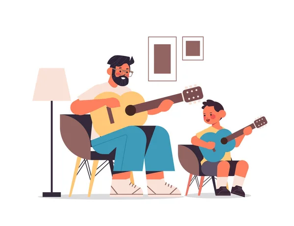 Mladý otec výuka malý syn hrát na kytaru rodičovství koncept táta tráví čas se svým dítětem — Stockový vektor