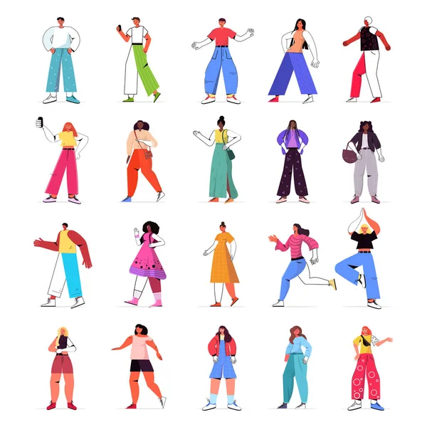 Set mix race people in casual trendy clothes female male cartoon characters collection full length — Stock Vector