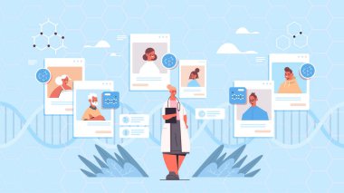 Doktor, web tarayıcı pencerelerindeki hastalara danışıyor genetik mühendislik teşhisi konseptini test ediyor