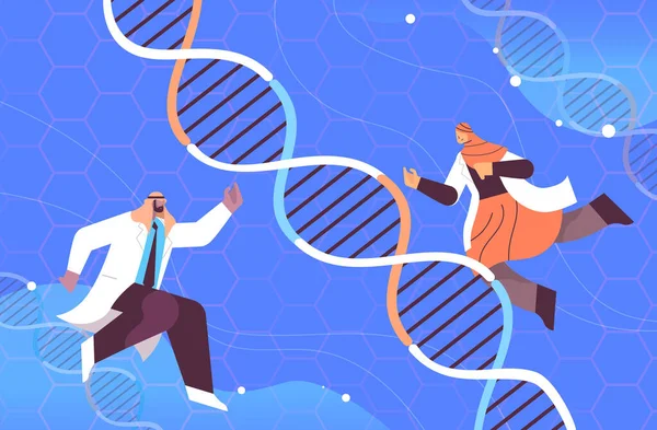 Arabiska forskare som arbetar med DNA arab-forskare som gör experiment i lab DNA-testning genetisk diagnostik koncept — Stock vektor