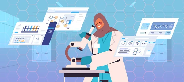 Vědec hledá mikroskop vědec dělat mikrobiologie výzkum v laboratoři DNA testování genetického inženýrství — Stockový vektor