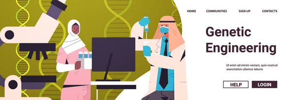 Wetenschappers werken met DNA in reageerbuizen onderzoekers experimenteren in lab DNA testen genetische manipulatie — Stockvector