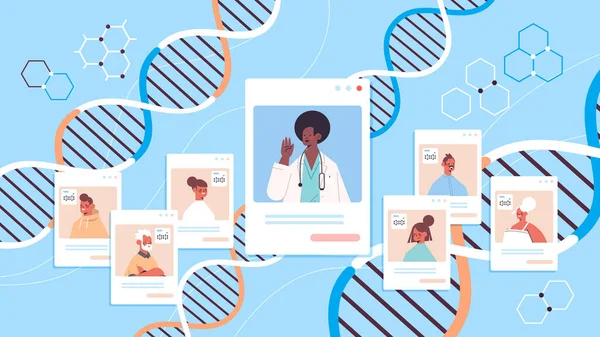 アフリカ系アメリカ人医師がWebブラウザで患者を診察DNA検査遺伝子工学診断 — ストックベクタ