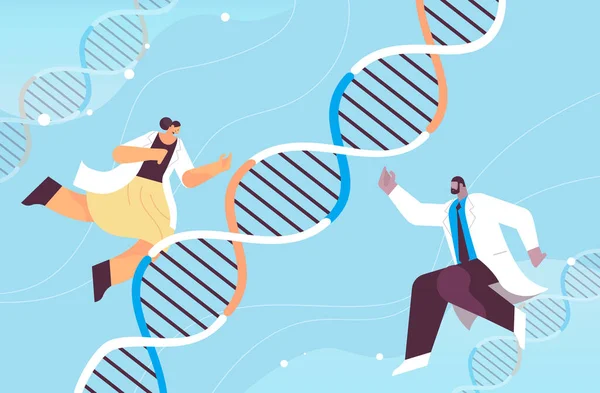 DNAヘリカル分子研究者と共同で実験を行う科学者DNA検査遺伝子診断 — ストックベクタ