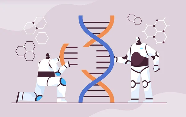 Cientistas robóticos que trabalham com robôs de DNA pesquisadores que fazem experimentos em laboratório de teste de DNA diagnóstico genético —  Vetores de Stock