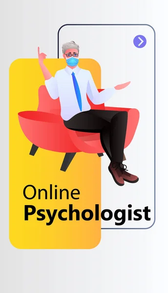 Психолог в маске решает психологическую проблему консультирования пациентов в режиме онлайн психотерапевтическое консультирование — стоковый вектор