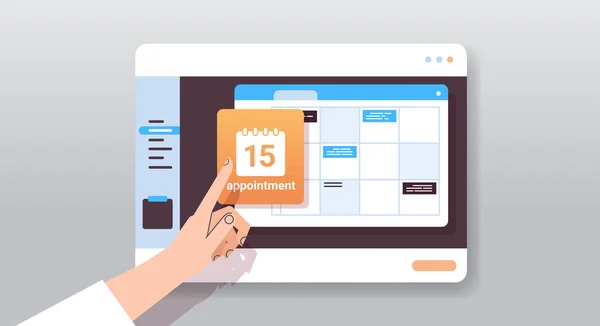 Hombre de negocios planificación de la mano cita día de programación en el calendario en la pantalla de la tableta concepto de gestión del tiempo — Archivo Imágenes Vectoriales