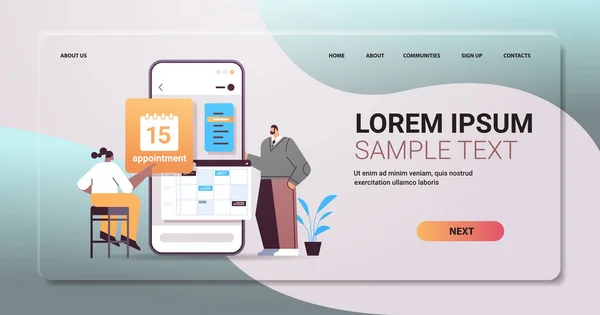 Предприниматели планируют день назначения в календаре на экране смартфона — стоковый вектор