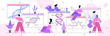 İnternet tarayıcı pencerelerinde DNA ile çalışan bilim adamları, online laboratuvar DNA testinde deney yapıyor.
