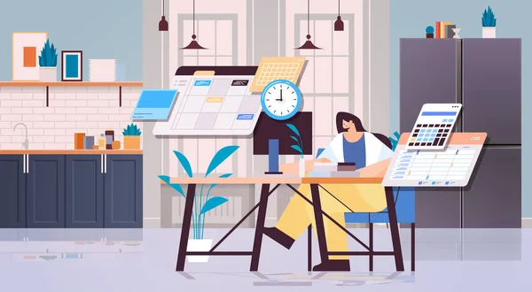 Mujer de negocios en el lugar de trabajo planificación día programación tiempo de cita concepto de gestión — Archivo Imágenes Vectoriales