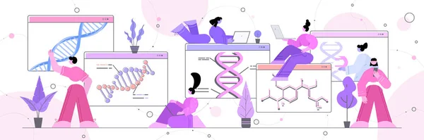 Equipe de cientistas trabalhando com DNA em pesquisadores de janelas do navegador web fazendo experiência em testes de DNA de laboratório on-line —  Vetores de Stock