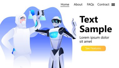 Koruyucu kıyafetli erkek bilim adamı olan robot laboratuvar genetik mühendisliği yapay zekası üzerinde deneyler yapıyor.