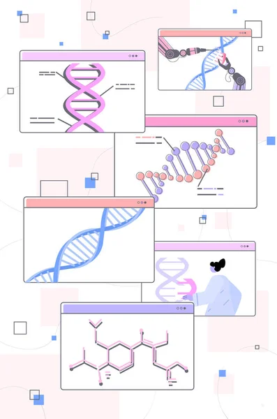 Científicos analizando la estructura del ADN en las ventanas del navegador web investigadores haciendo experimentos en pruebas de ADN de laboratorio en línea — Archivo Imágenes Vectoriales