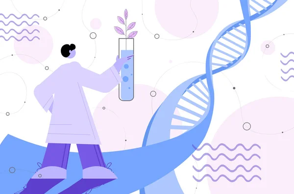 Wetenschapper het analyseren van DNA van planten in reageerbuis onderzoeker het maken van experiment in lab genetisch gemodificeerde planten — Stockvector