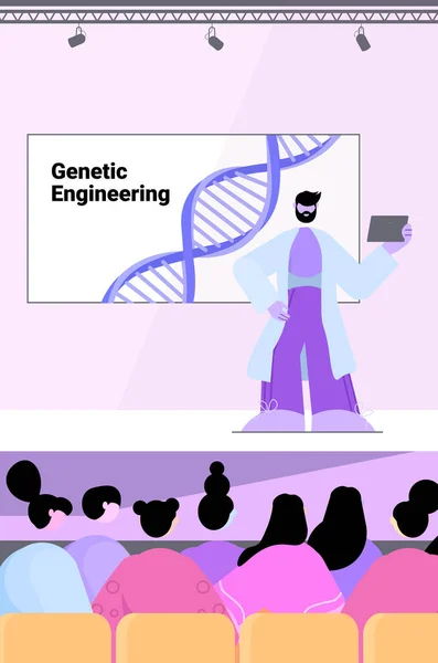 Mannelijke wetenschapper geeft toespraak van tribune DNA testen genetische manipulatie medische conferentie — Stockvector