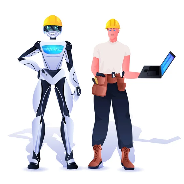 Robotów i robotów w twardych kapeluszy robotników budowlanych stojących razem koncepcja sztucznej inteligencji — Wektor stockowy