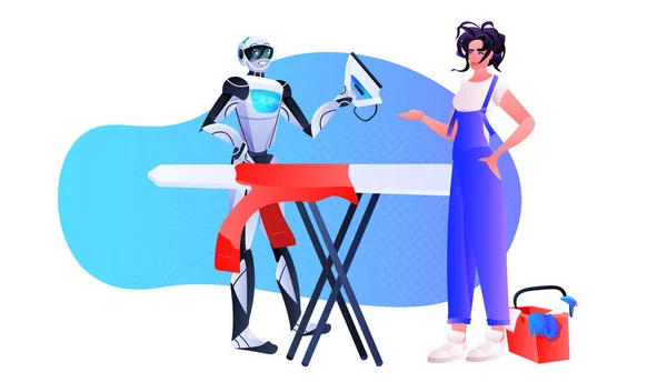 Femme au foyer avec robot repassage vêtements caractère robotique avec femme faisant des travaux ménagers technologie d'intelligence artificielle — Image vectorielle