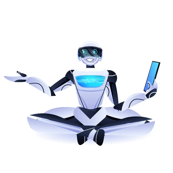 Modern robot sitting lotus pose robotic character using tablet pc artificial intelligence technology concept — Stock Vector