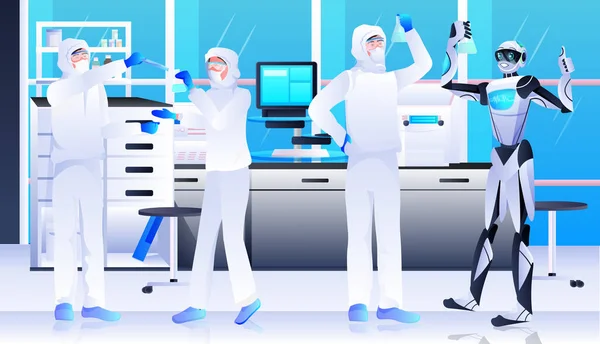 Robô com cientistas em terno de proteção fazendo experimentos em engenharia genética de laboratório conceito de inteligência artificial —  Vetores de Stock