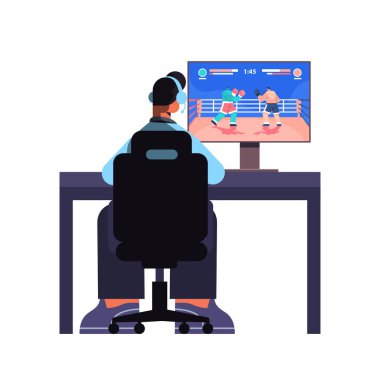 professional virtual gamer playing online video game on his personal computer clipart