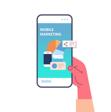 Akıllı telefon ekranı dijital pazarlama iletişim konseptini kullanan insan eli