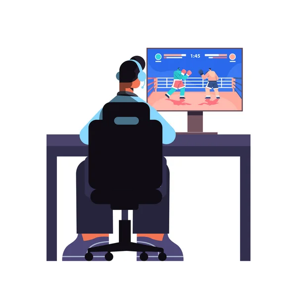 Professional virtual gamer playing online video game on his personal computer — Stock Vector