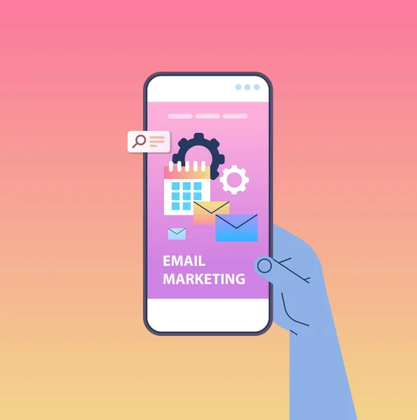 Menschliche Hand mit Smartphone Bildschirm E-Mail Marketing Kommunikationskonzept — Stockvektor