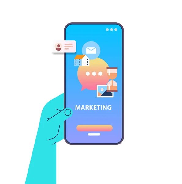 Menschliche Hand mit Smartphone-Bildschirm digitales Marketing-Kommunikationskonzept — Stockvektor