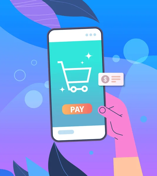 Mão humana usando aplicativo de compras móveis na tela do smartphone aplicação bancária eletrônica de pagamento on-line —  Vetores de Stock