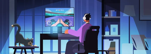 Εικονική gamer παίζει online video game στον άνθρωπο υπολογιστή με ακουστικά που κάθεται μπροστά από την οθόνη — Διανυσματικό Αρχείο