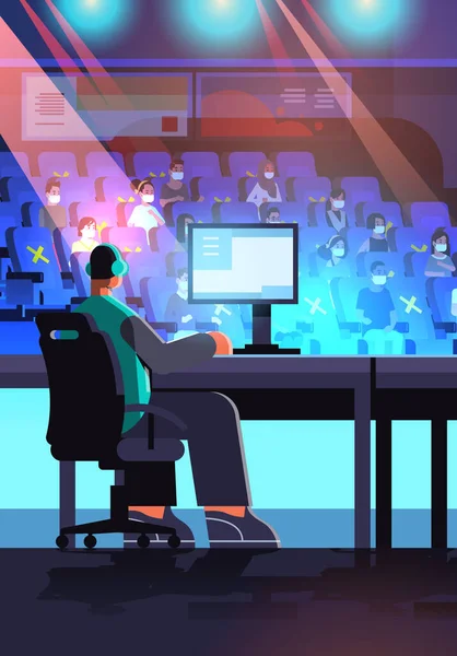 Giocatore virtuale professionista che gioca online videogioco su e-sport arena torneo concetto uomo in cuffie seduto di fronte al monitor full length illustrazione vettoriale verticale — Vettoriale Stock