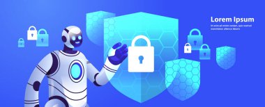 Siber güvenlik veri korumasına sahip modern robot cyborg yapay zeka teknolojisi kavramı