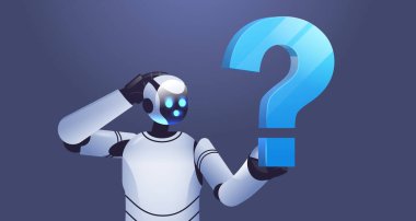 Sinirli robot sayborgun soru işareti tutması servis faq sorununu desteklemesine yardımcı oluyor. Yapay zeka teknolojisi kavramı