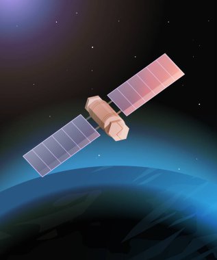 Uzay keşfi astronotluk teknolojisi konsepti. Uydu gözlemleme uydusu Dünya 'nın etrafında yörüngesel uzay yolculuğu yapıyor.