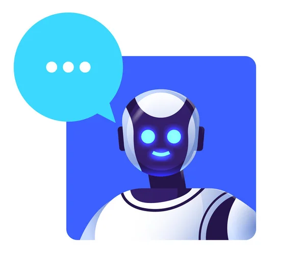 Cute robot cyborg with chat bubble modern robotic character artificial intelligence technology communication — Stock Vector