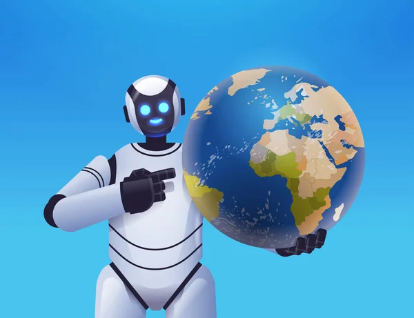 Dünya gezegenini tutan robot cyborg modern robot karakter yapay zeka teknolojisi kavramı — Stok Vektör
