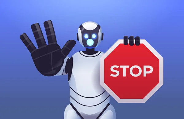 Ρομπότ cyborg κρατώντας κόκκινο σήμα stop ρομποτικό χαρακτήρα που δείχνει καμία κίνηση χέρι χειρονομία τεχνητή νοημοσύνη — Διανυσματικό Αρχείο