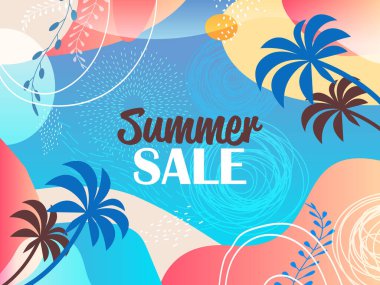 Mevsimlik yaz indirimi afişi ya da dekoratif yapraklı ve el yapımı desenli tebrik kartı