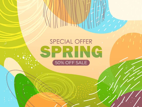 Saisonale Frühlingsverkauf Banner Flyer oder Grußkarte mit dekorativen Blättern und handgezeichneten Texturen — Stockvektor