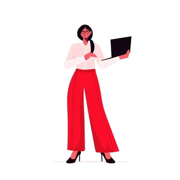Businesswoman leader in formal wear holding laptop successful business woman standing pose leadership — Stock Vector