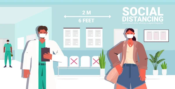 医師と患者の距離を保つことでコロナウイルスの社会的距離の概念を防ぐ — ストックベクタ