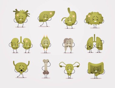 Sağlıksız maskot karakterlerini hasta yeşil insan vücudu iç organları anatomi konsepti çizimi