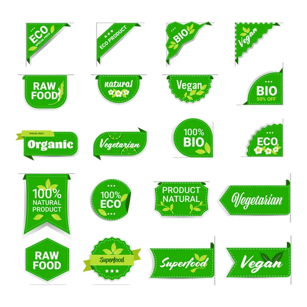 Set eco natural product stickers organic healthy vegan market logo fresh food emblems collection badges design — Stock Vector